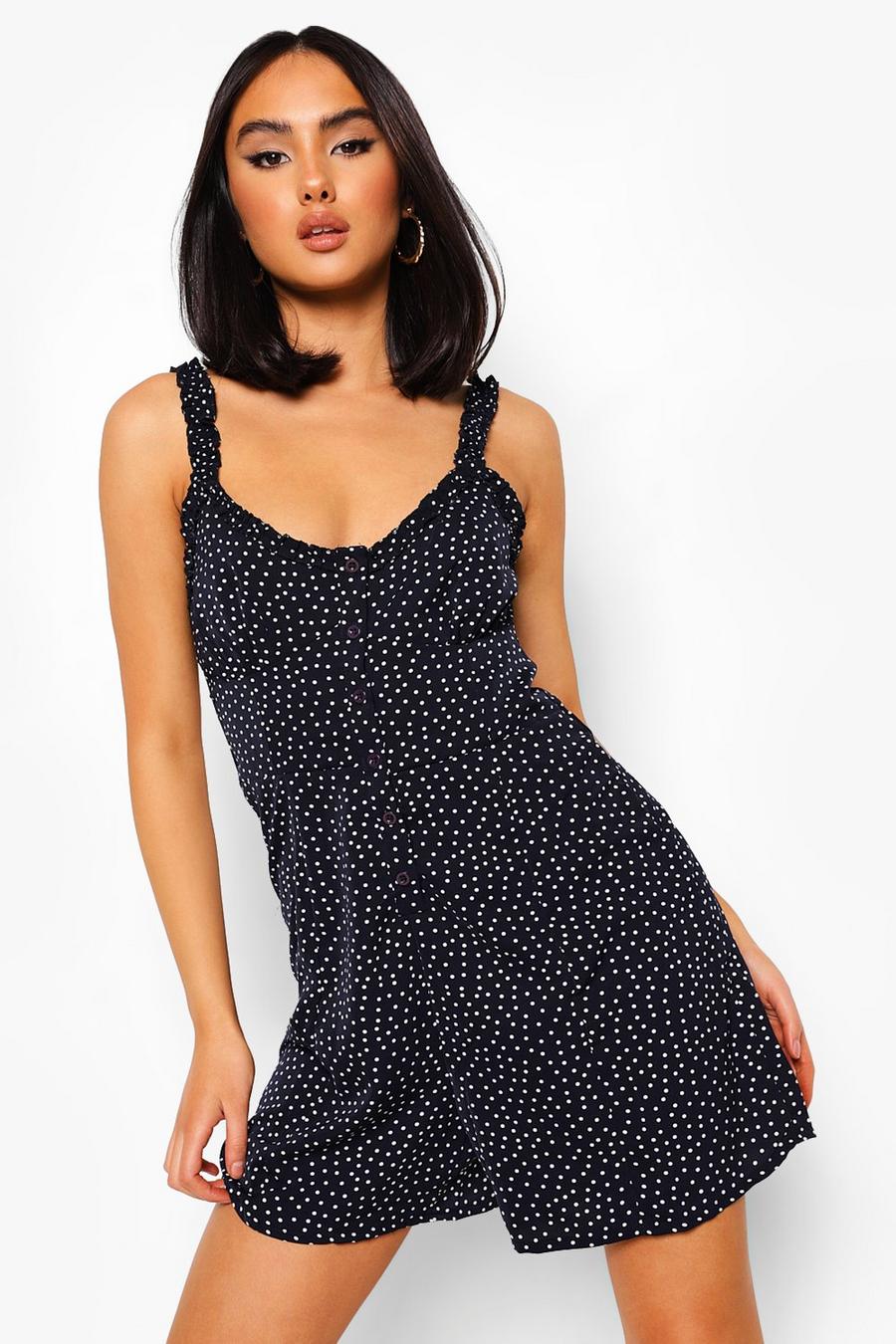 Navy Polka Dot Button Through Romper image number 1
