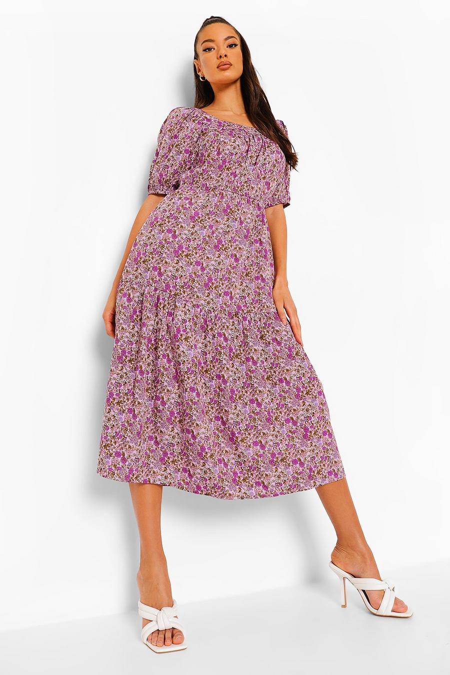 Purple Ditsy Floral Square Neck Maxi Dress image number 1