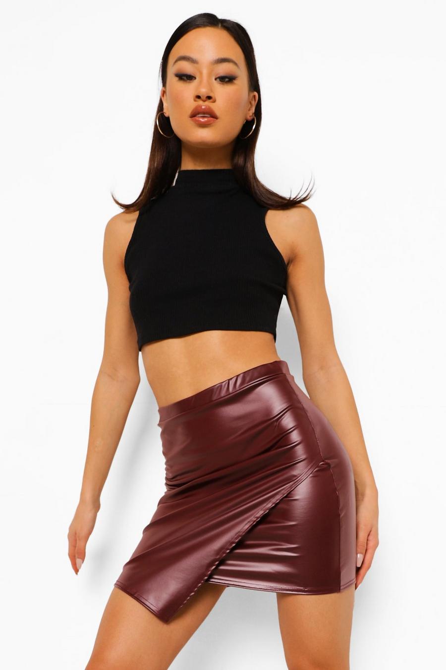 Chocolate Faux Leather Asymmetric Wrap Mini Skirt image number 1