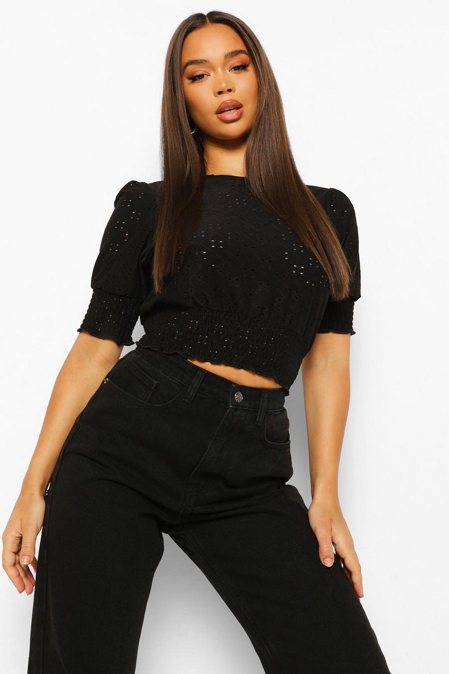 Black Broderie Anglais Short Sleeve Crop Top image number 1