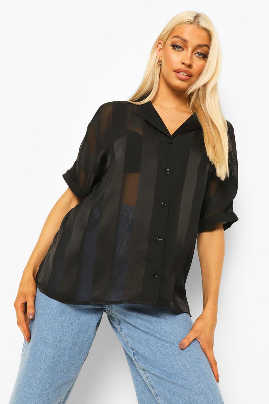 Black Satin Stripe Short Sleeve Shirt image number 1
