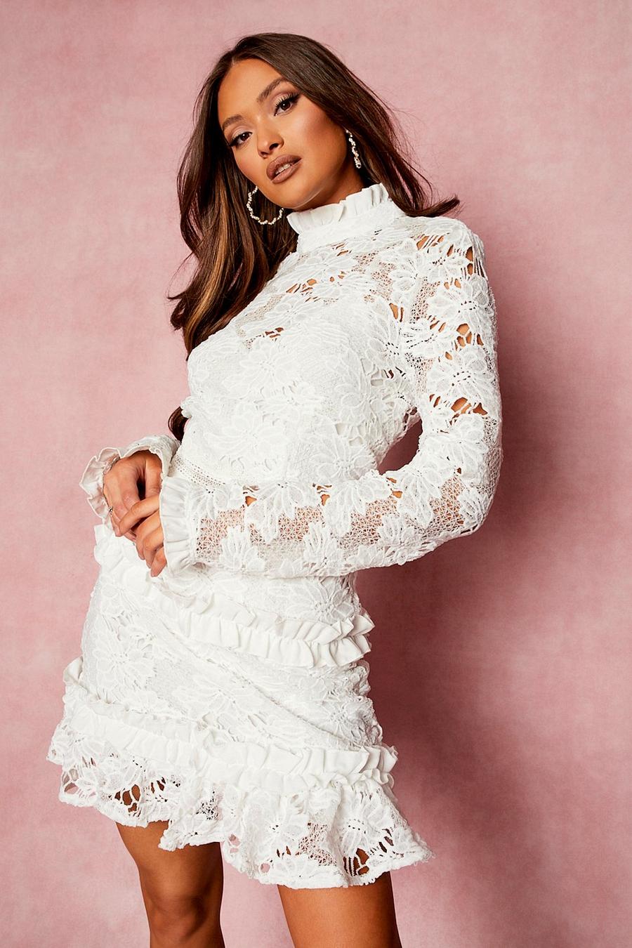 White Lace High Neck Long Sleeve Tiered Mini Dress image number 1