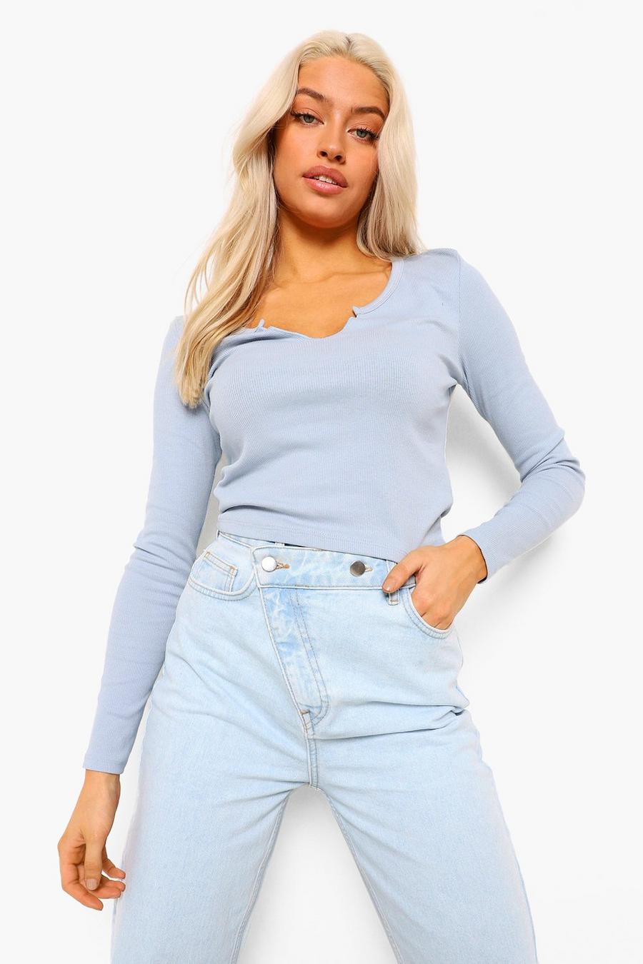Pale blue Long Sleeve Notch Neck Ribbed Top image number 1
