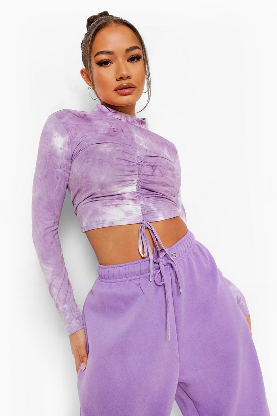 Lilac Tie Dye High Neck Ruched Top image number 1