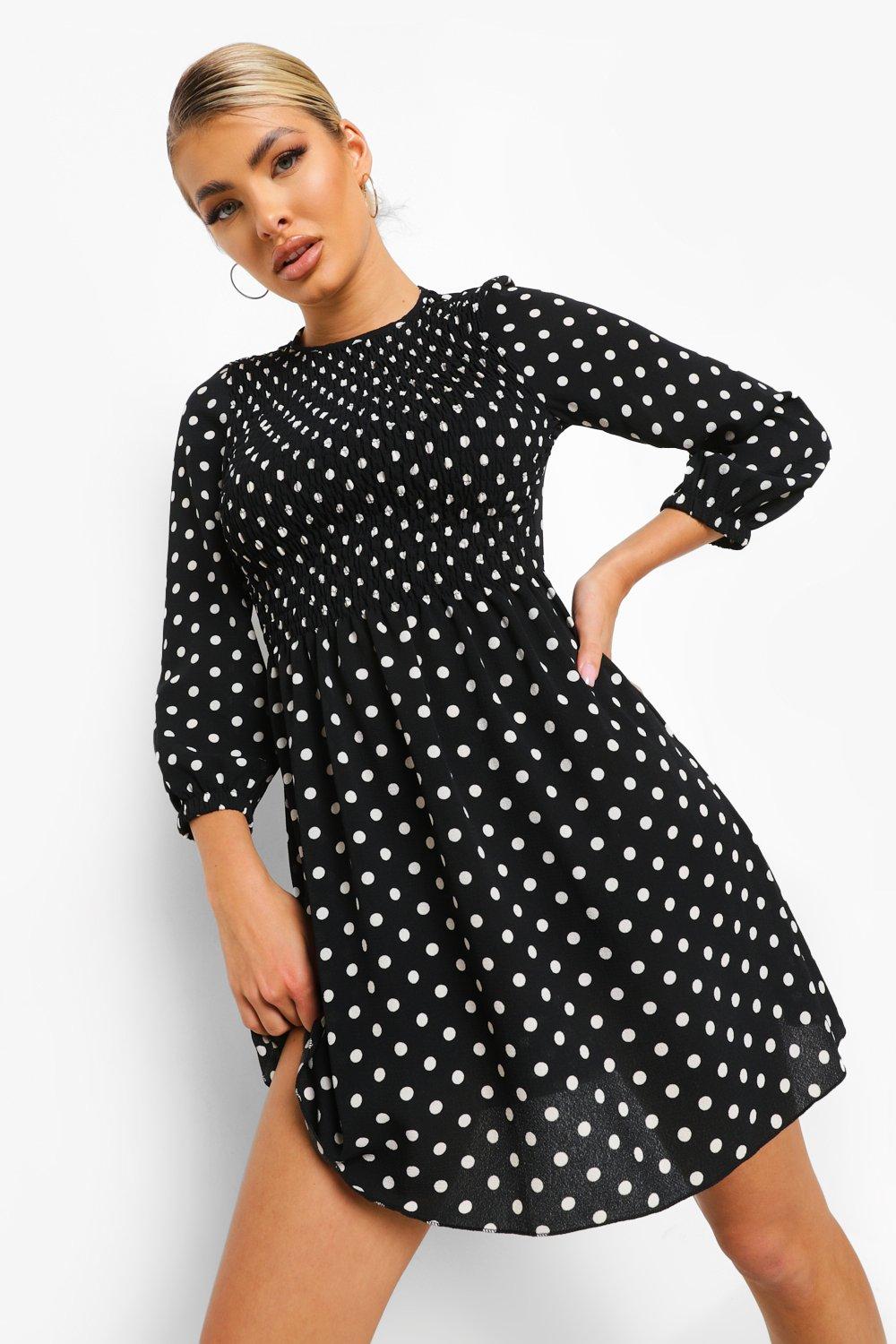 Polka Dot 3/4 Sleeve Smock Dress