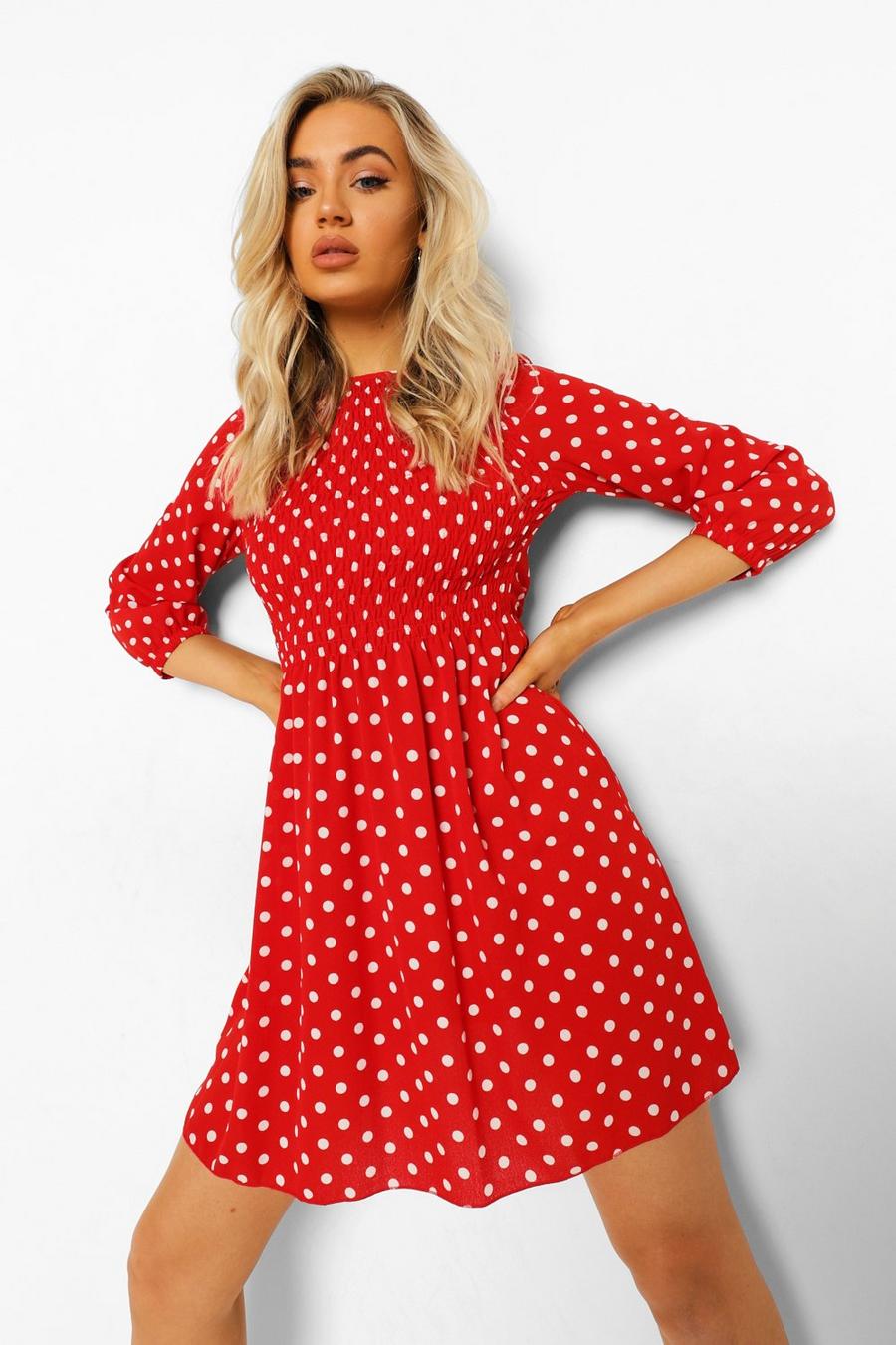 Red Polka Dot 3/4 Sleeve Smock Dress image number 1