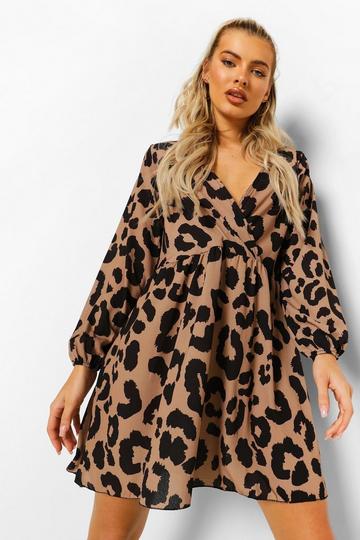 Leopard Wrap Front Smock Dress brown