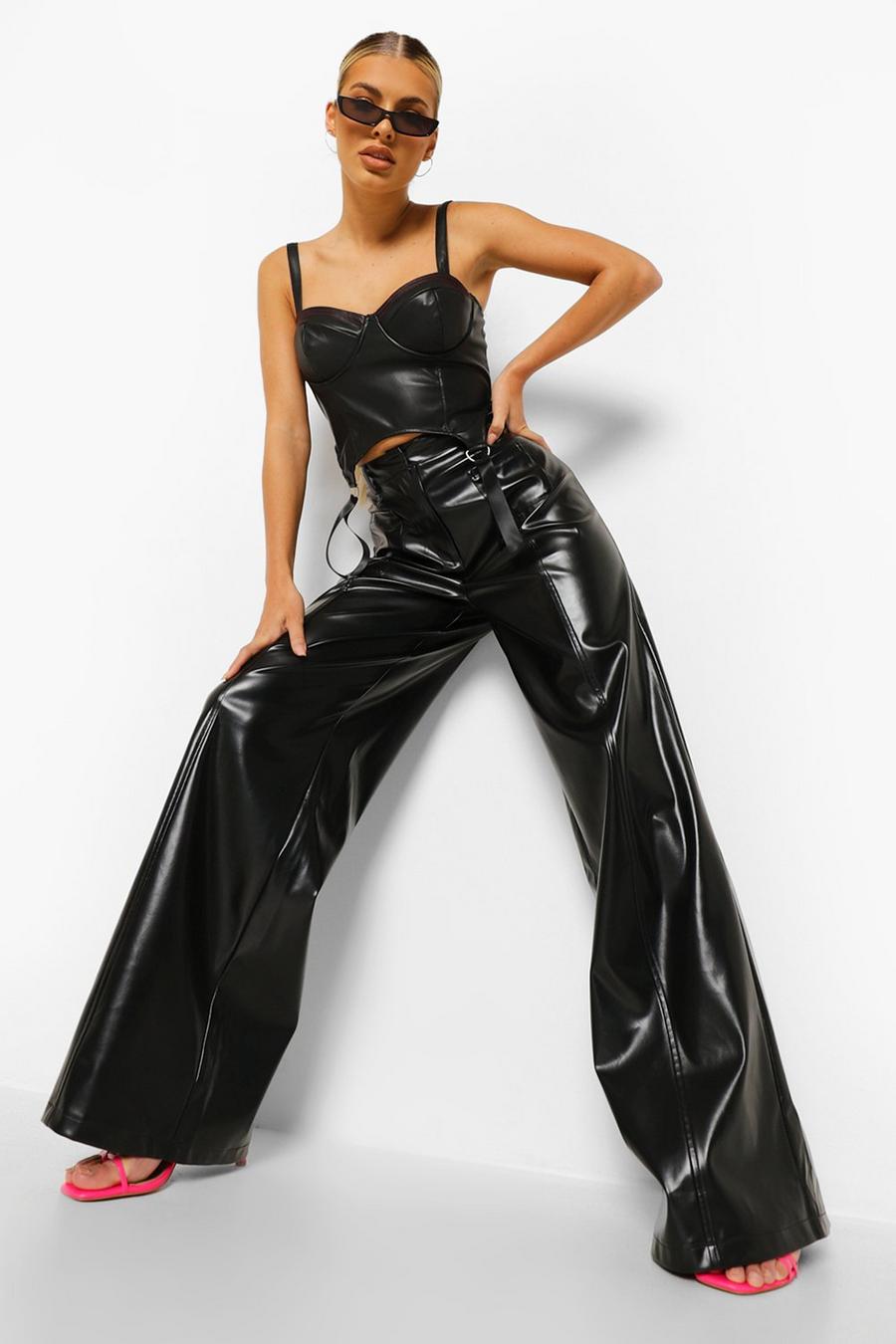 Black Leather Look Pocket Straight Leg Trousers image number 1