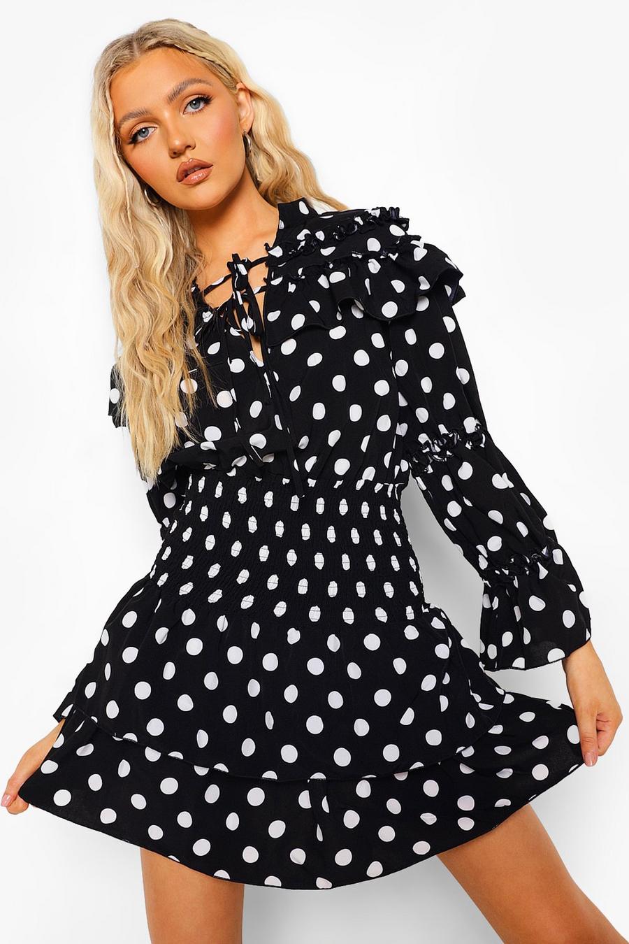 Black Polka Dot Shirred Waist Skater Dress image number 1
