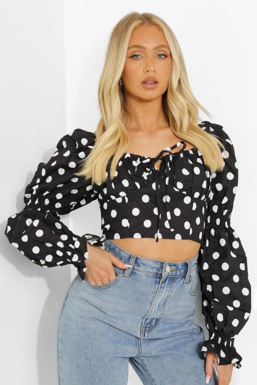 Black Polka Dot Ruched Puff Sleeve Top image number 1