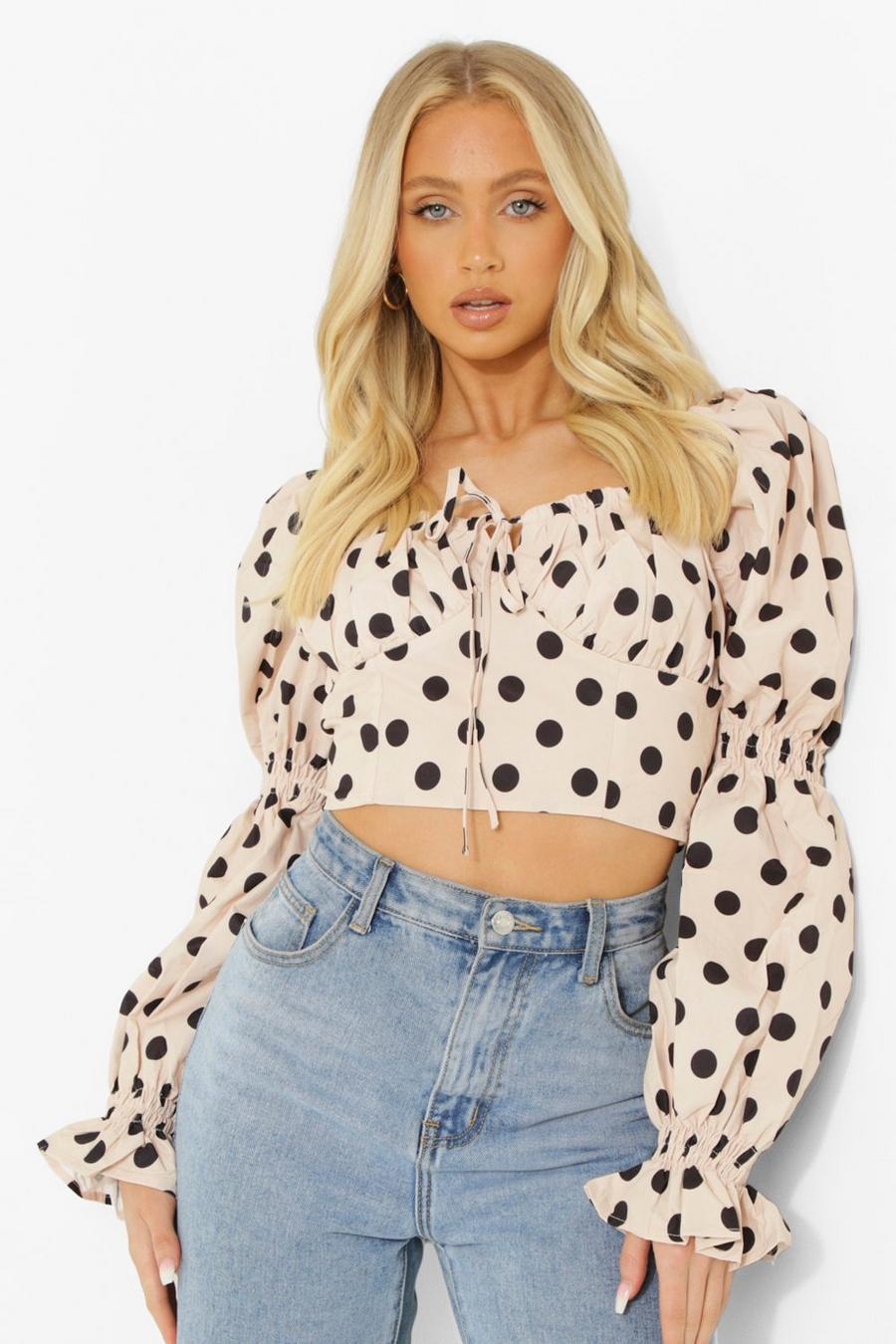 Stone Polka Dot Ruched Puff Sleeve Top image number 1
