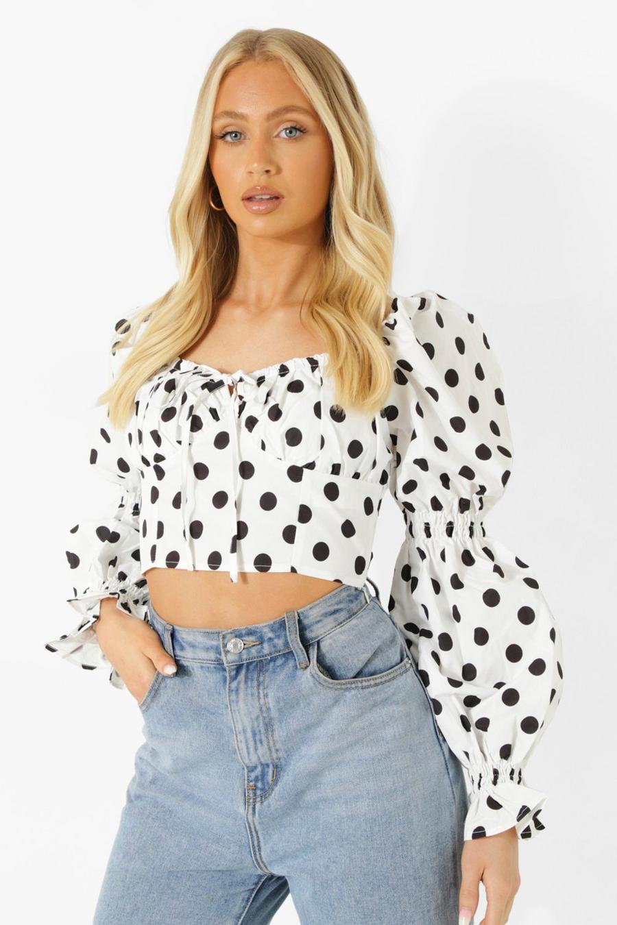 White Polka Dot Ruched Puff Sleeve Top image number 1