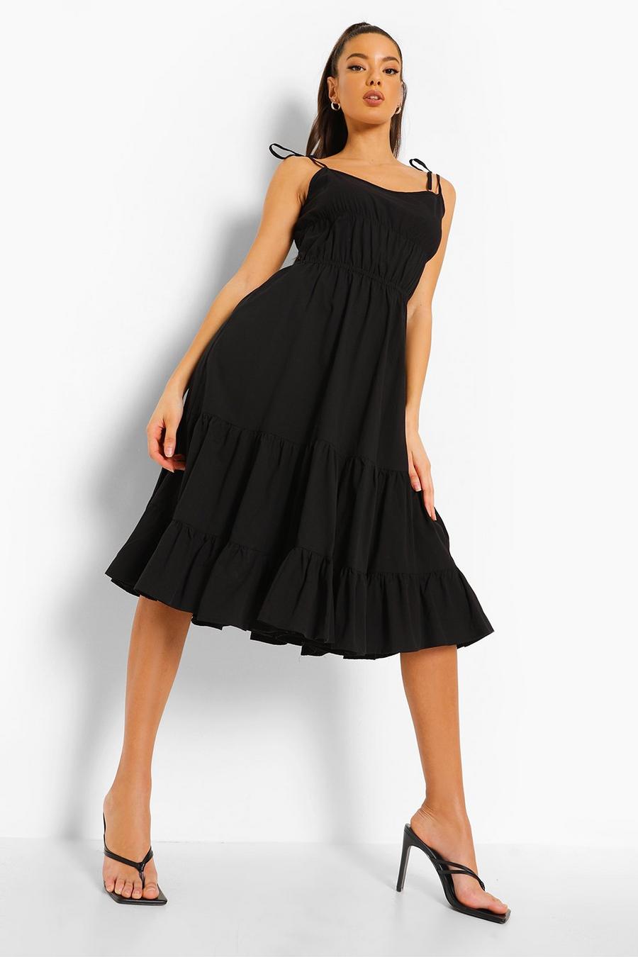 Black Cotton Strappy Tiered Midi Skater Dress image number 1