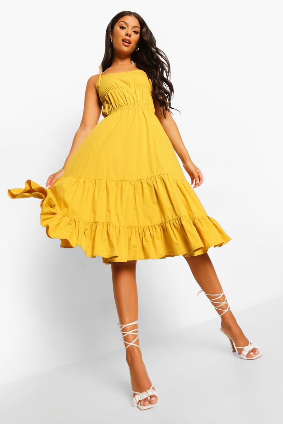 Mustard Cotton Strappy Tiered Midi Skater Dress image number 1