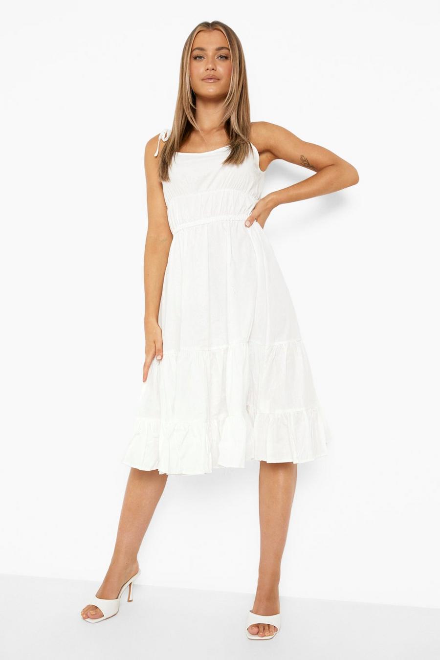 White Cotton Strappy Tiered Midi Skater Dress image number 1
