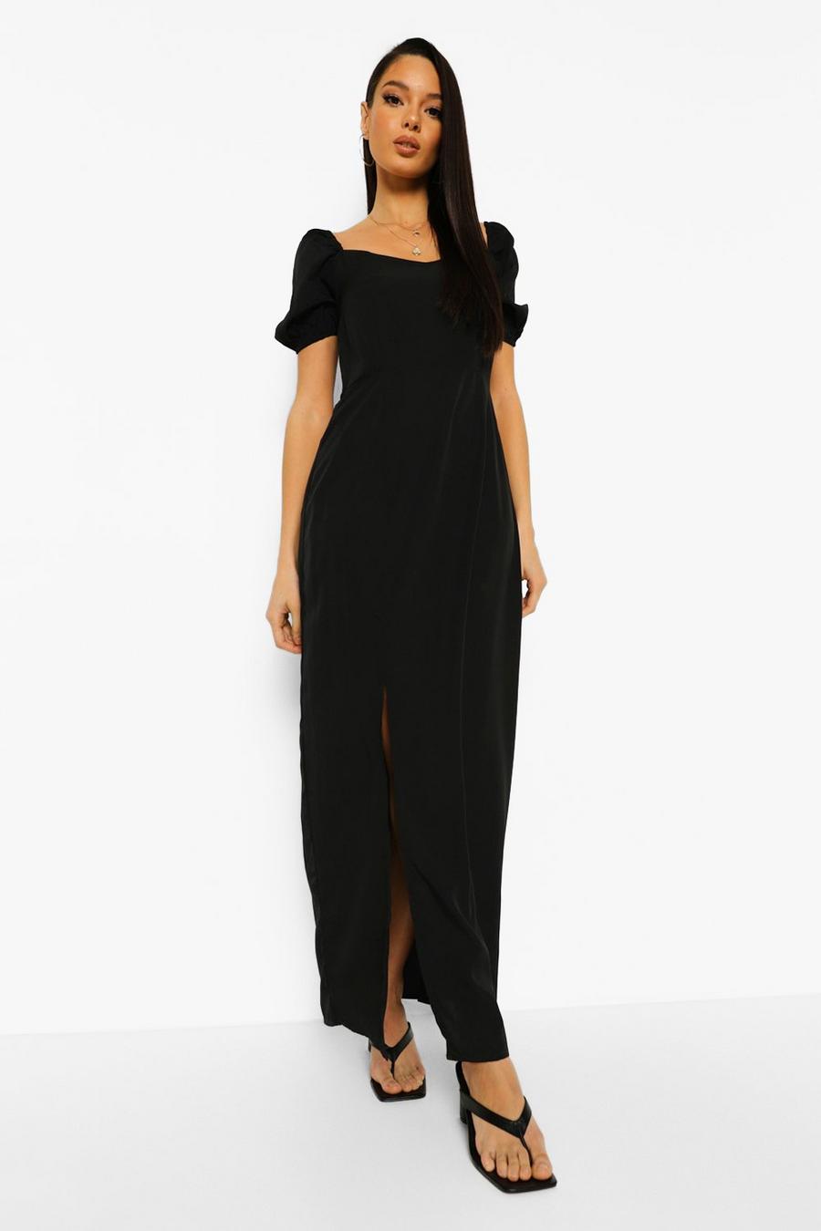 Black Puff Sleeve Side Split Maxi Dress image number 1