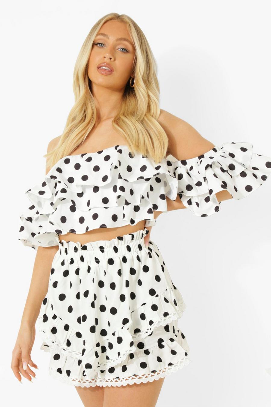 White Polka Dot Off The Shoulder Ruffle Top image number 1