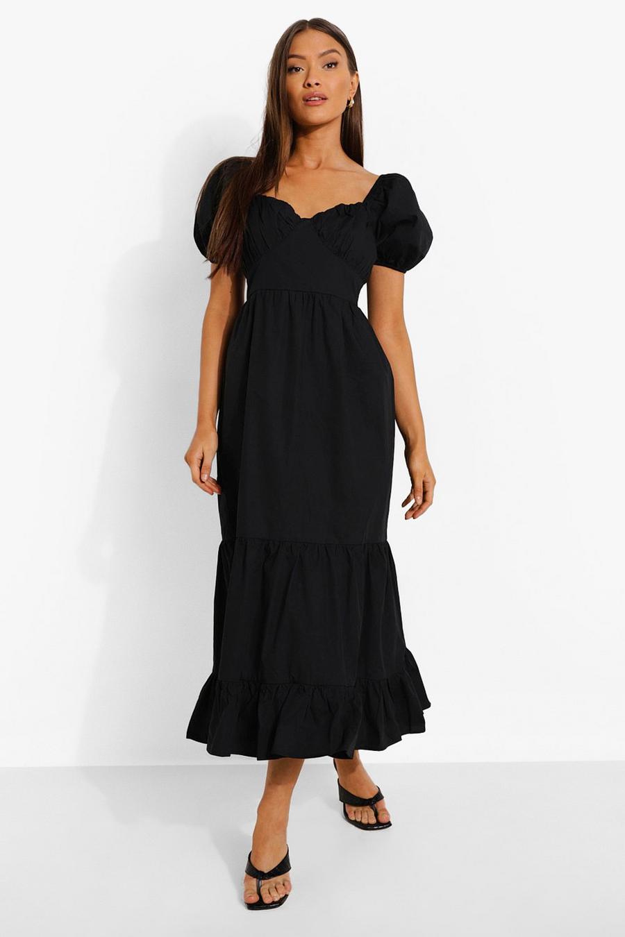 Black Cotton Puff Sleeve Tiered Midi Dress image number 1