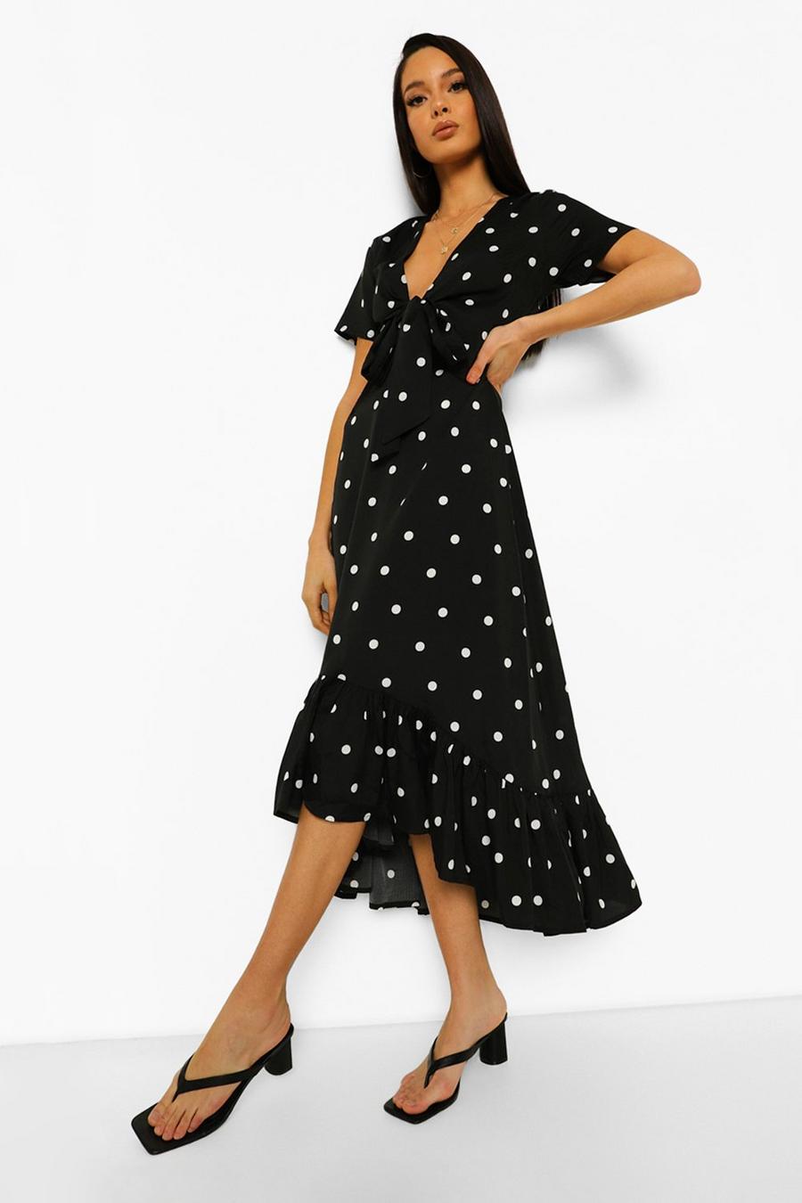 Black Polka Dot Plunge Drop Hem Midi Dress image number 1