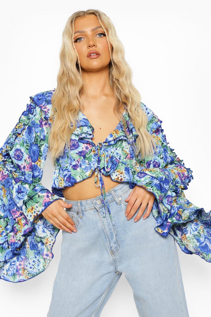 Blue Floral Print Ruffle Flare Sleeve Top image number 1