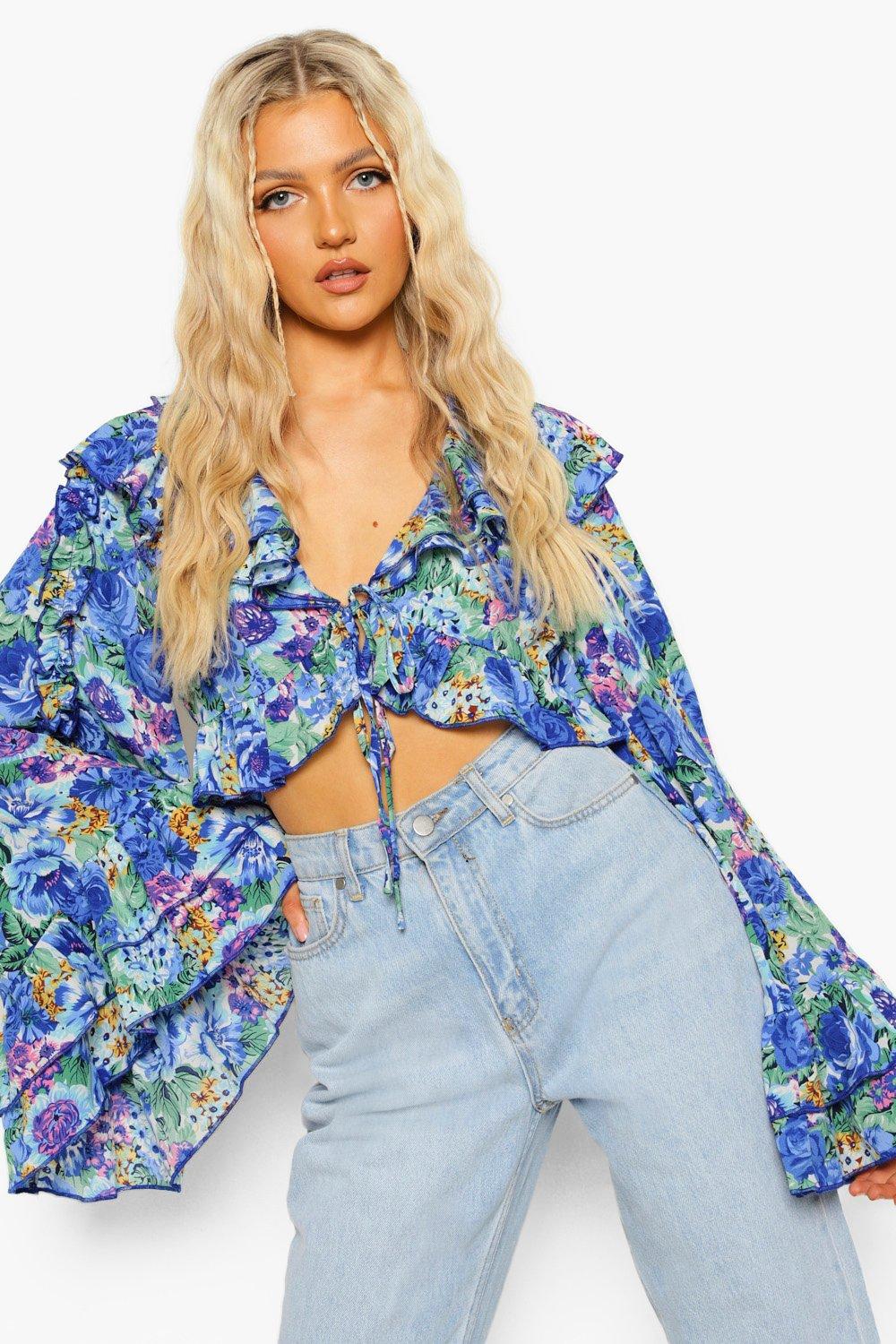 Floral Print Ruffle Flare Sleeve Top