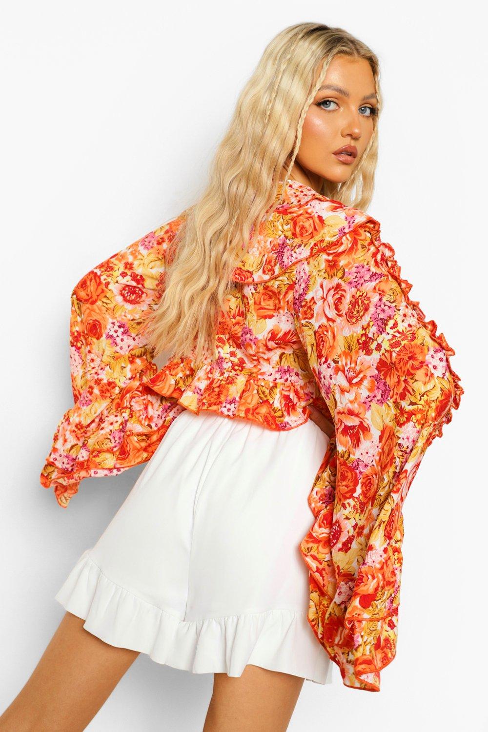 Floral Print Ruffle Flare Sleeve Top