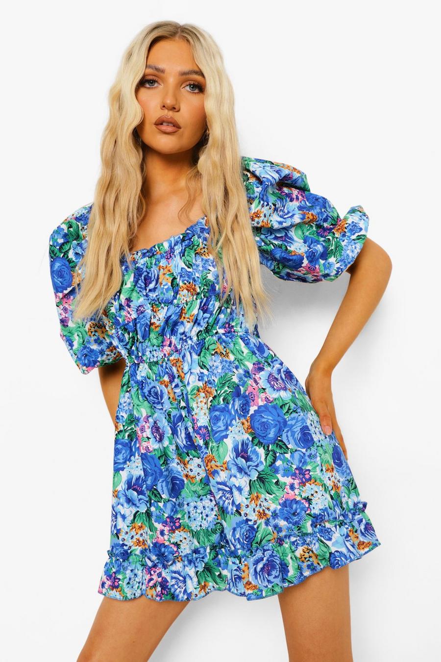 Blue Floral Print Puff Sleeve Ruched Playsuit image number 1