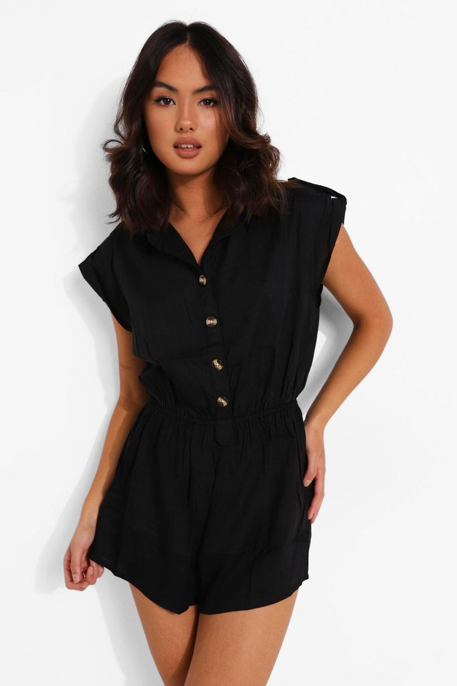 Black Button Down Collared Playsuit image number 1
