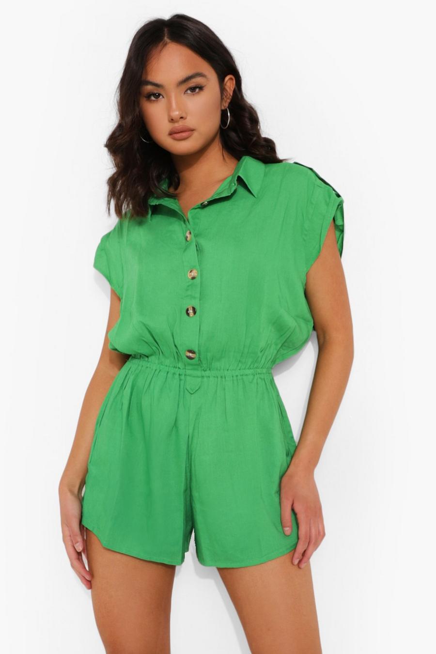 Bright green Button Down Collared Playsuit image number 1