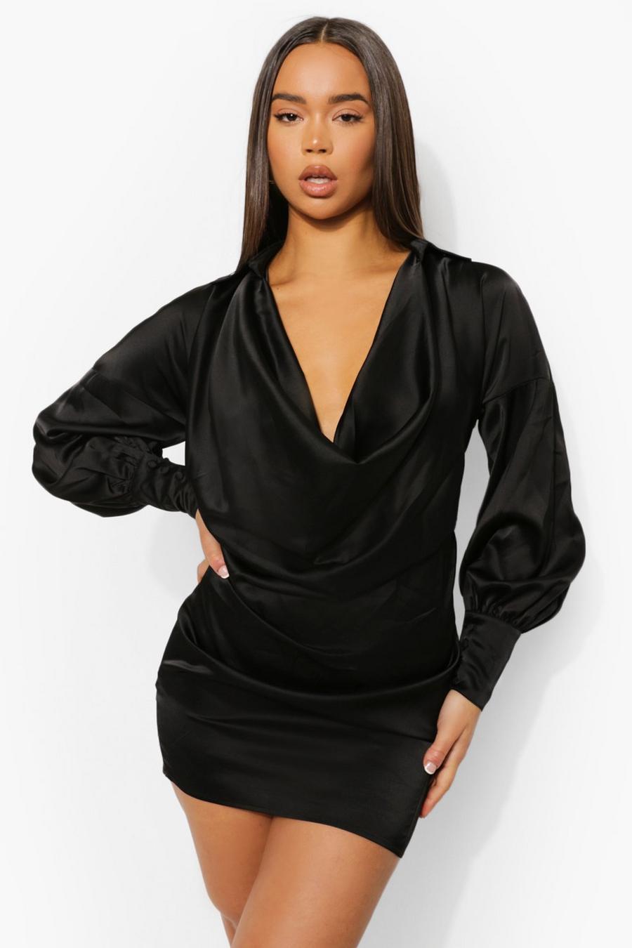 Black Extreme Cowl Collared Mini Dress image number 1