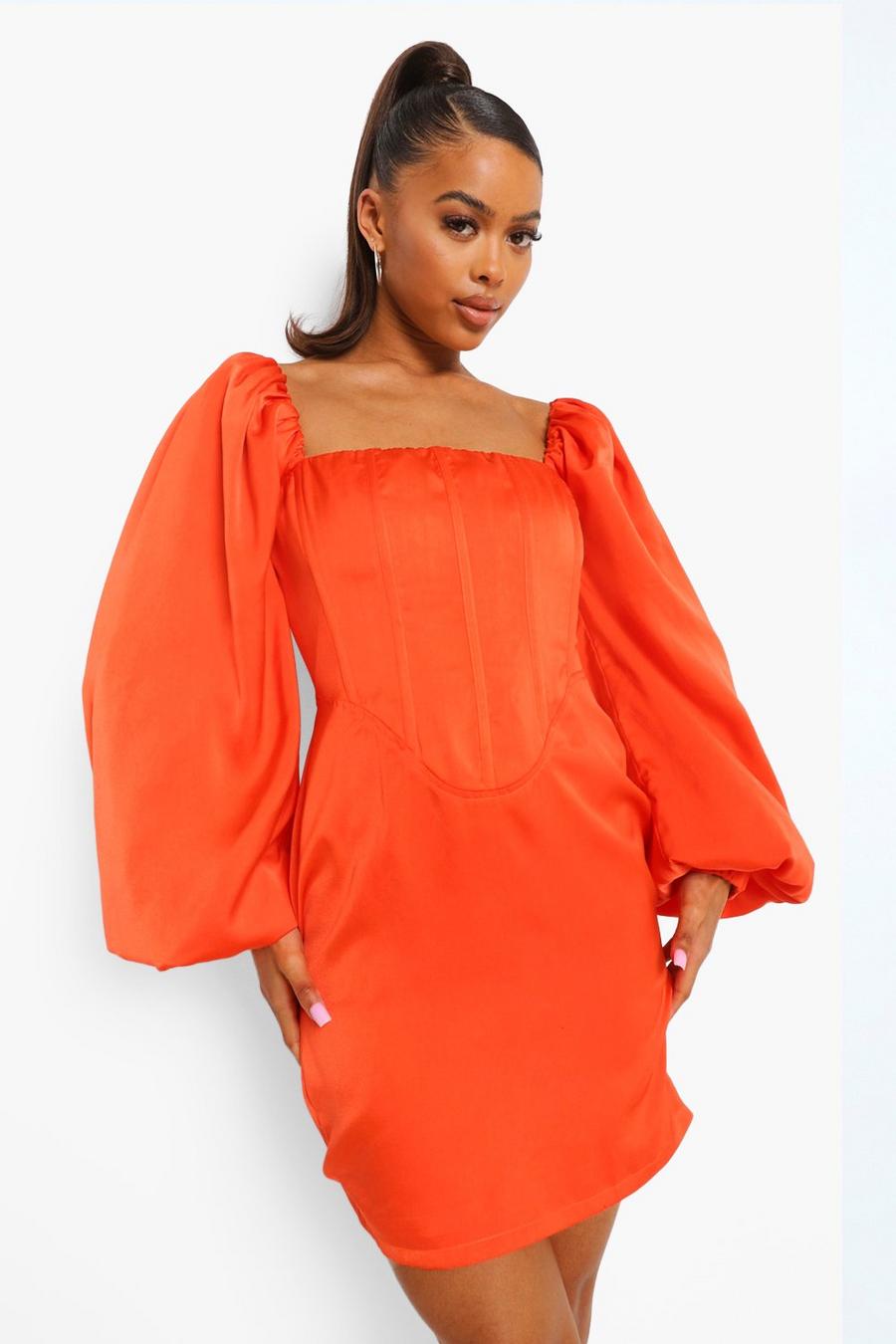 Orange Miniklänning med korsettliv och puffärm image number 1