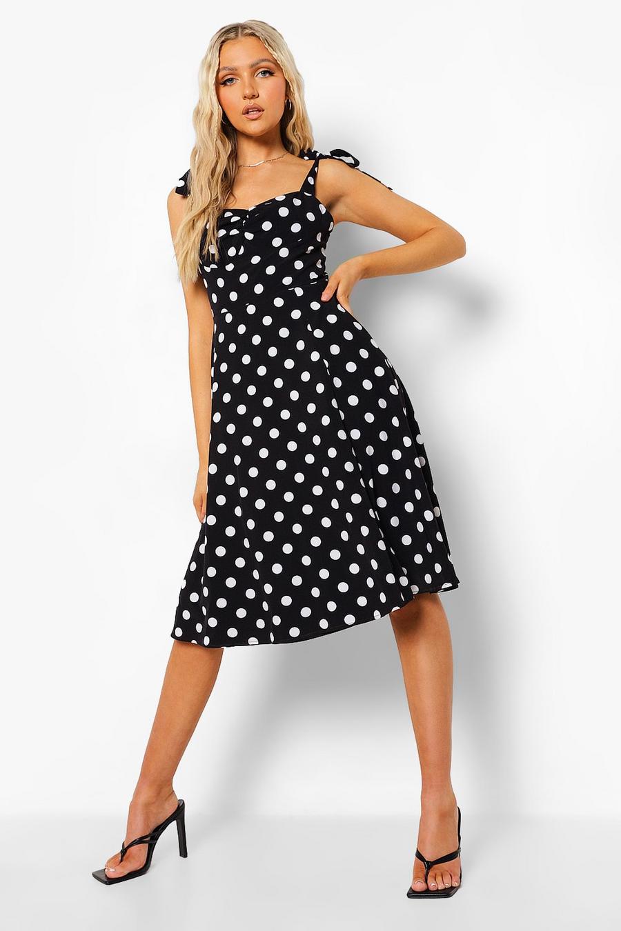Black Polka Dot Tie Shoulder Midi Dress image number 1