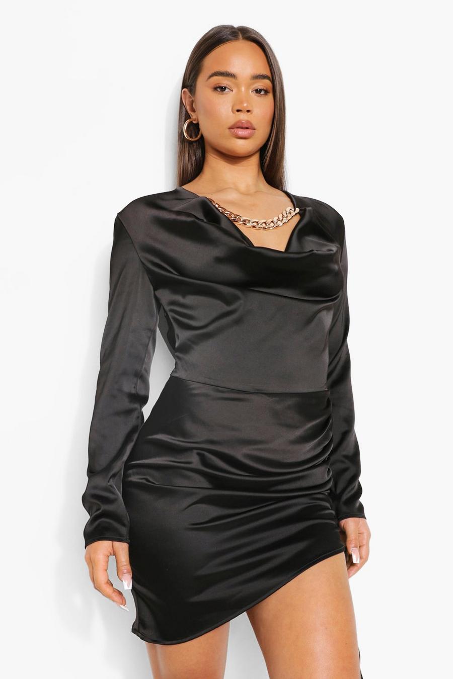 Black Cowl Neck Ruched Side Mini Dress image number 1