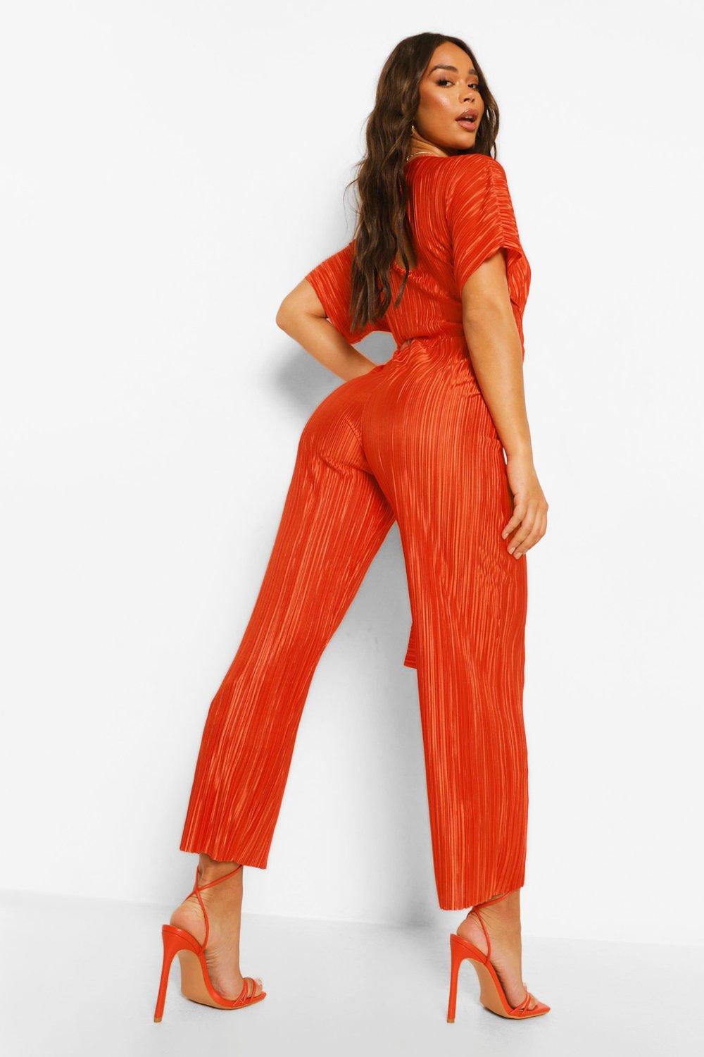 Plus Rust Plisse Cross Front Jumpsuit