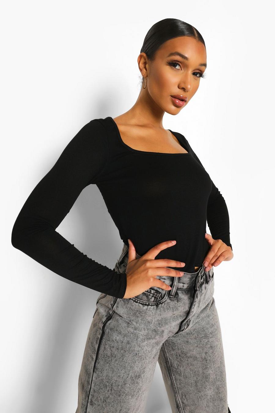 Black negro Square Neck Long Sleeve Top image number 1