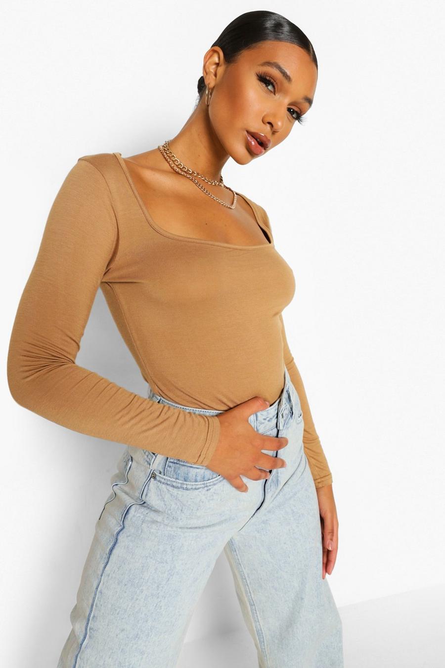 Caramel beis Square Neck Long Sleeve Top image number 1