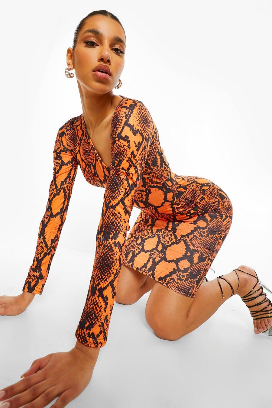 Orange Snake Print Cut Out Midi Dress image number 1