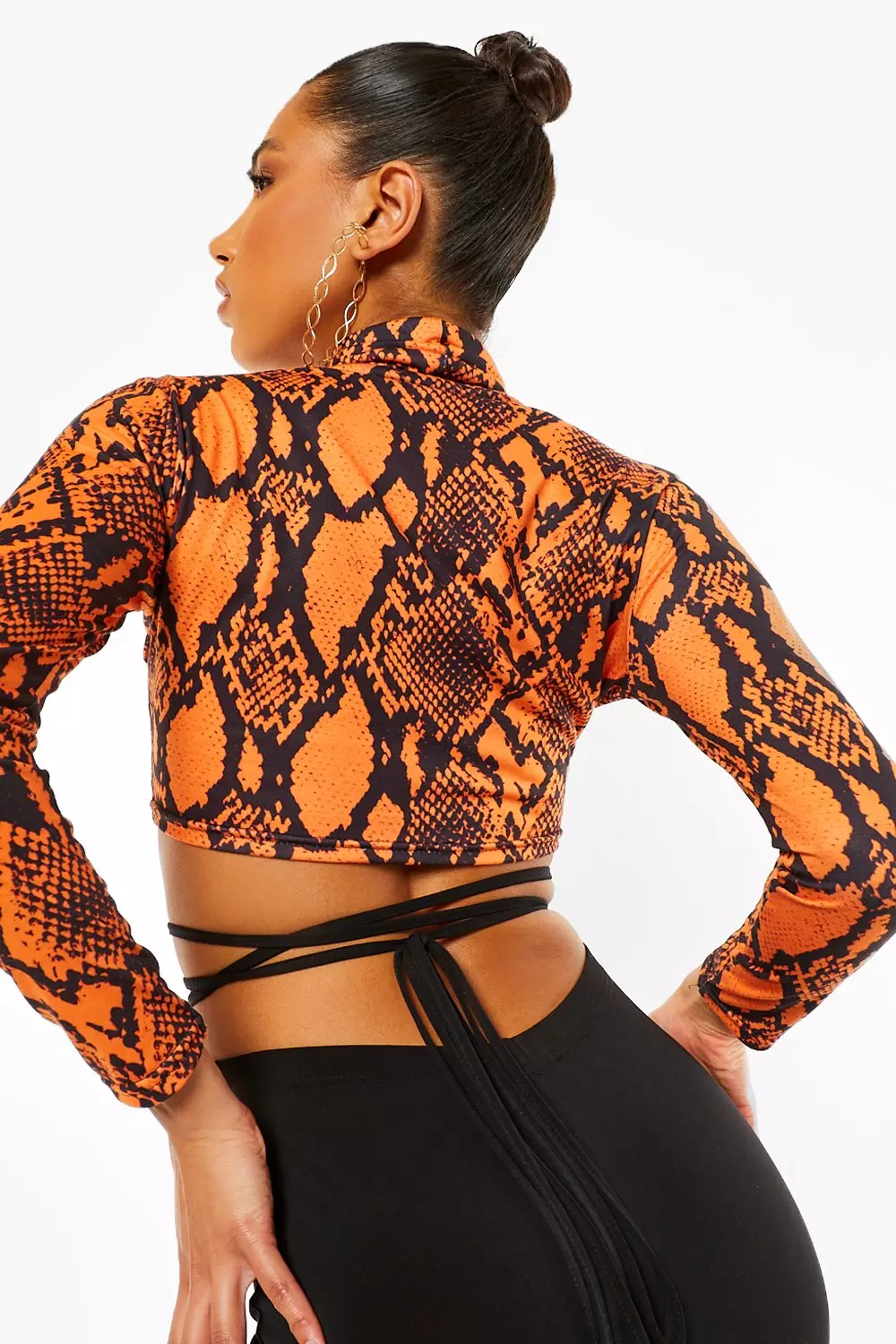 Orange Snake Print Roll Neck Crop Top alternative image