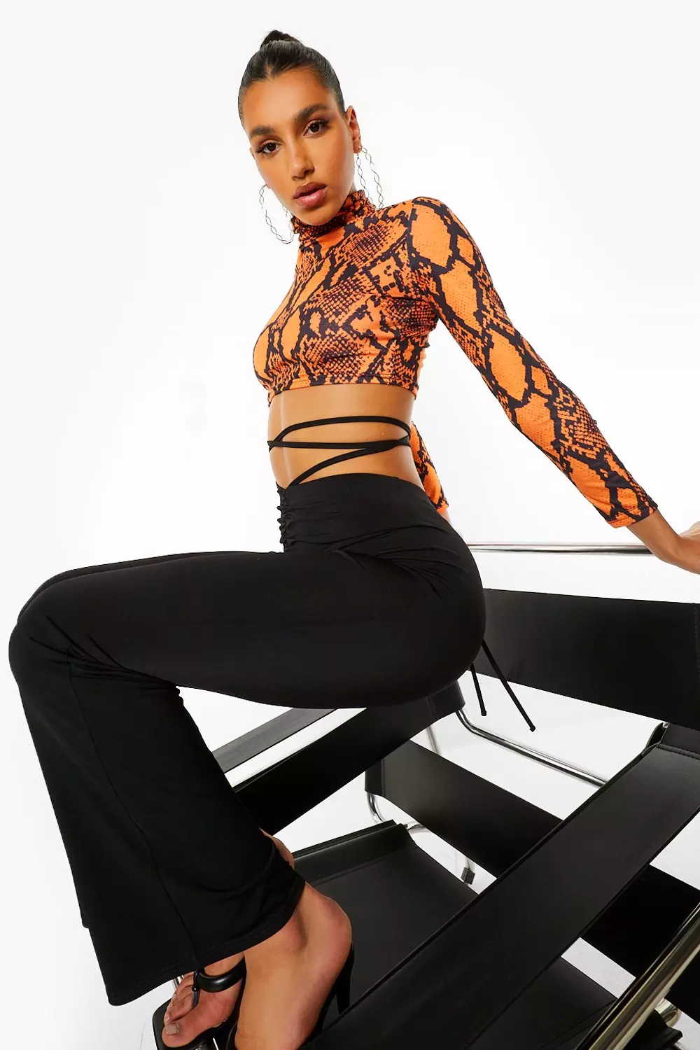 Orange Snake Print Roll Neck Crop Top alternative image