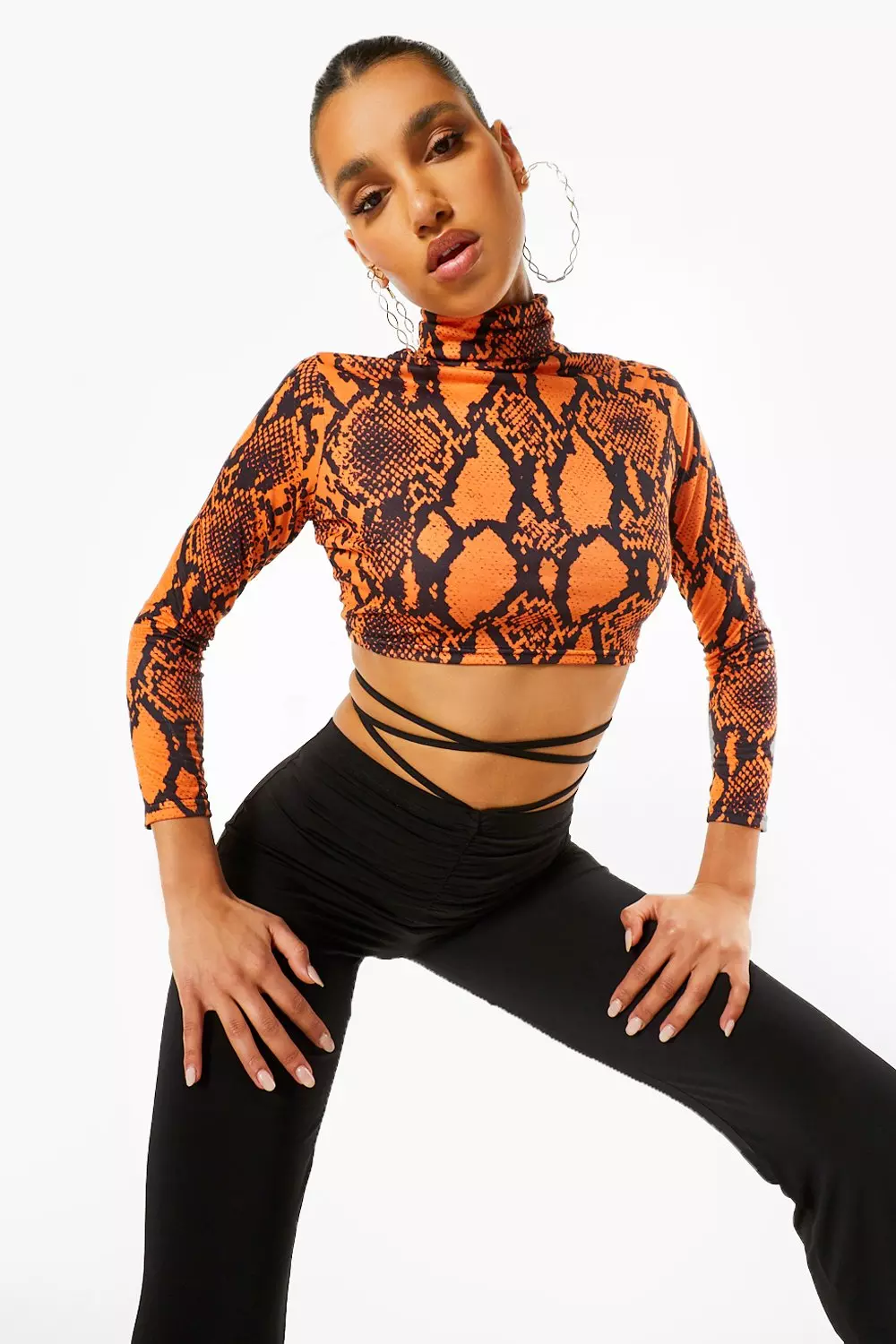 Orange Snake Print Roll Neck Crop Top alternative image