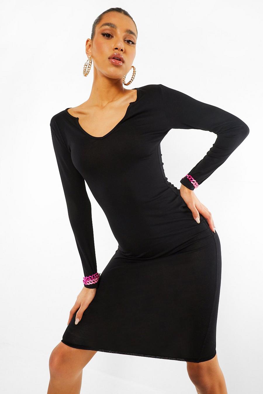 Black Basic Notch Neck Long Sleeve Midi Dress image number 1