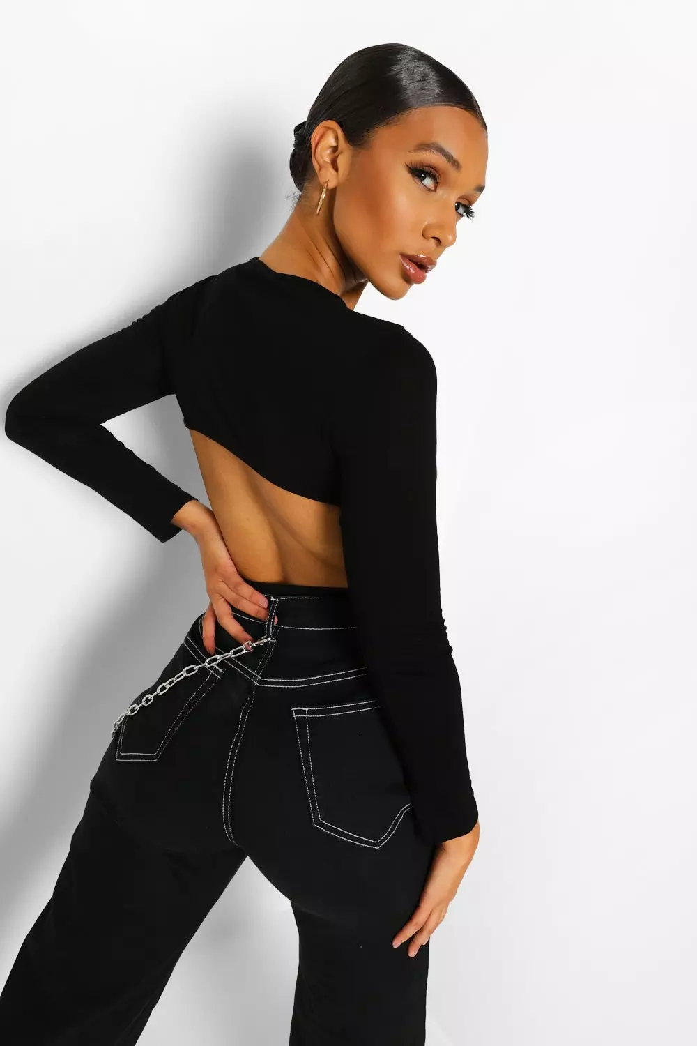 Black long sleeve cheap cut out crop top