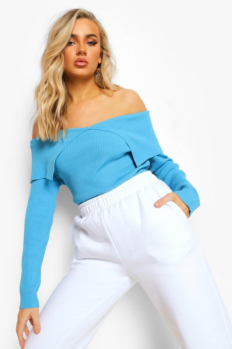 Bright blue Off The Shoulder Rib Knit Sweater image number 1