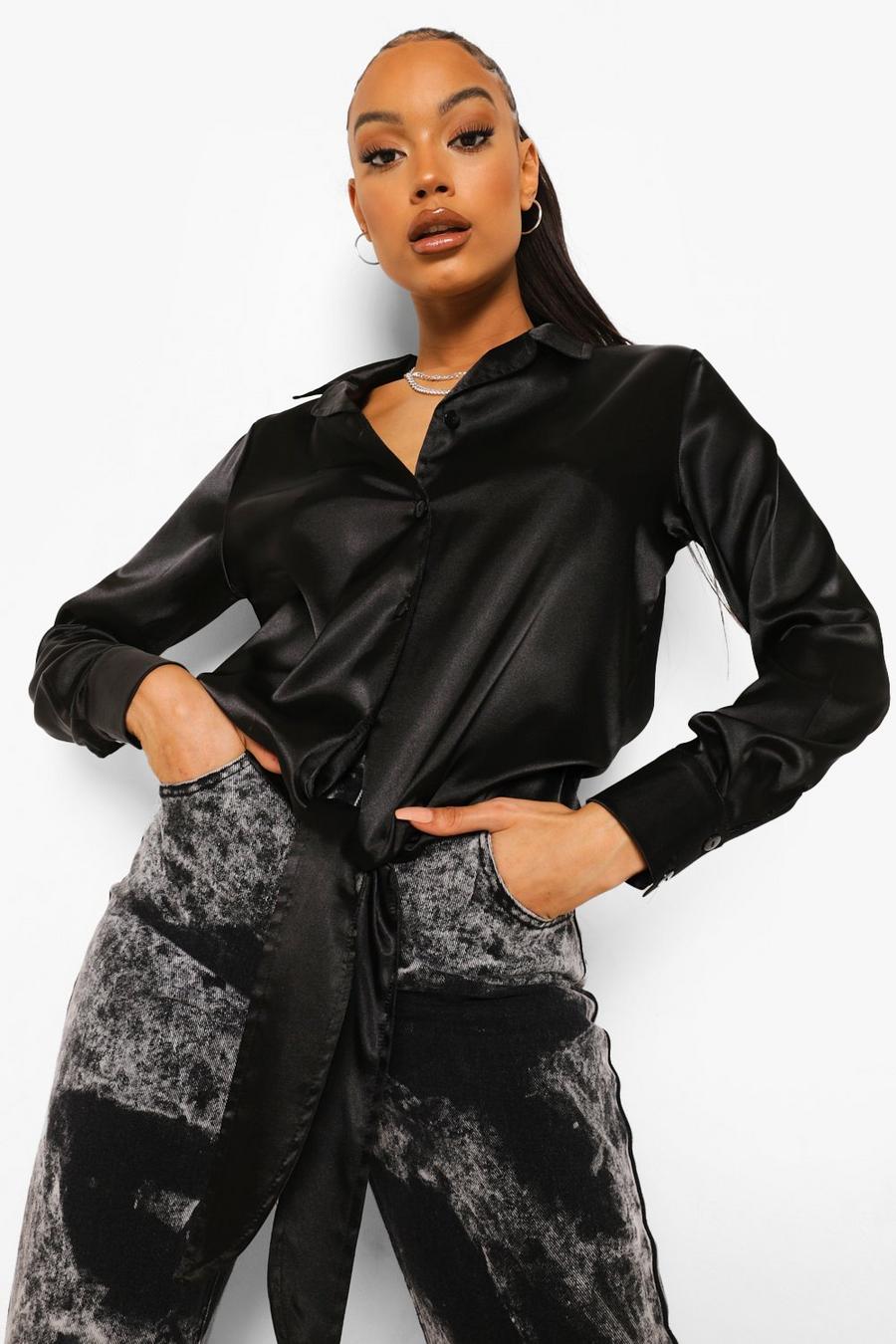 Black Relaxed Fit Knot Front Satin Shirt image number 1