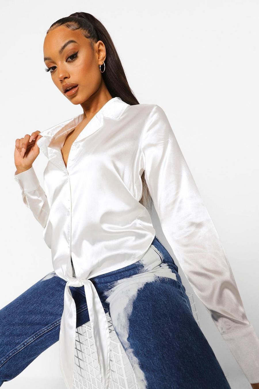 Cream Relaxed Fit Knot Front Satin Shirt image number 1