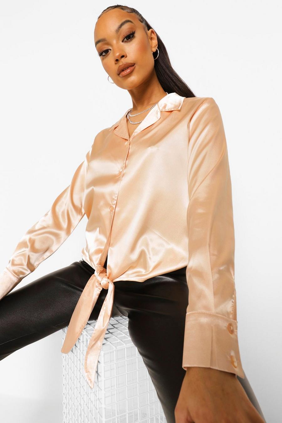 Nude Relaxed Fit Knot Front Satin Shirt image number 1