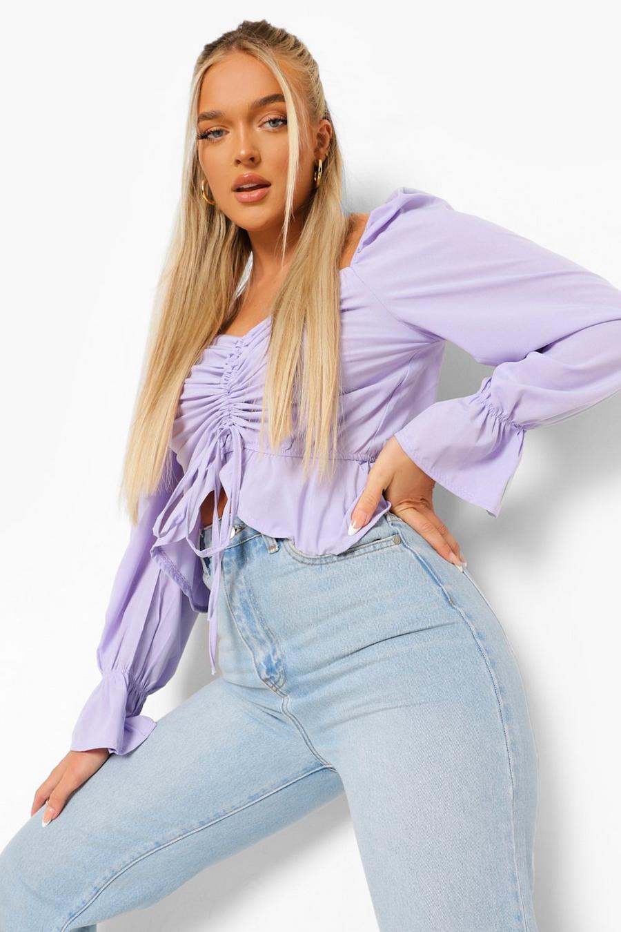 Lilac Ruched Front Pep Hem Blouse image number 1