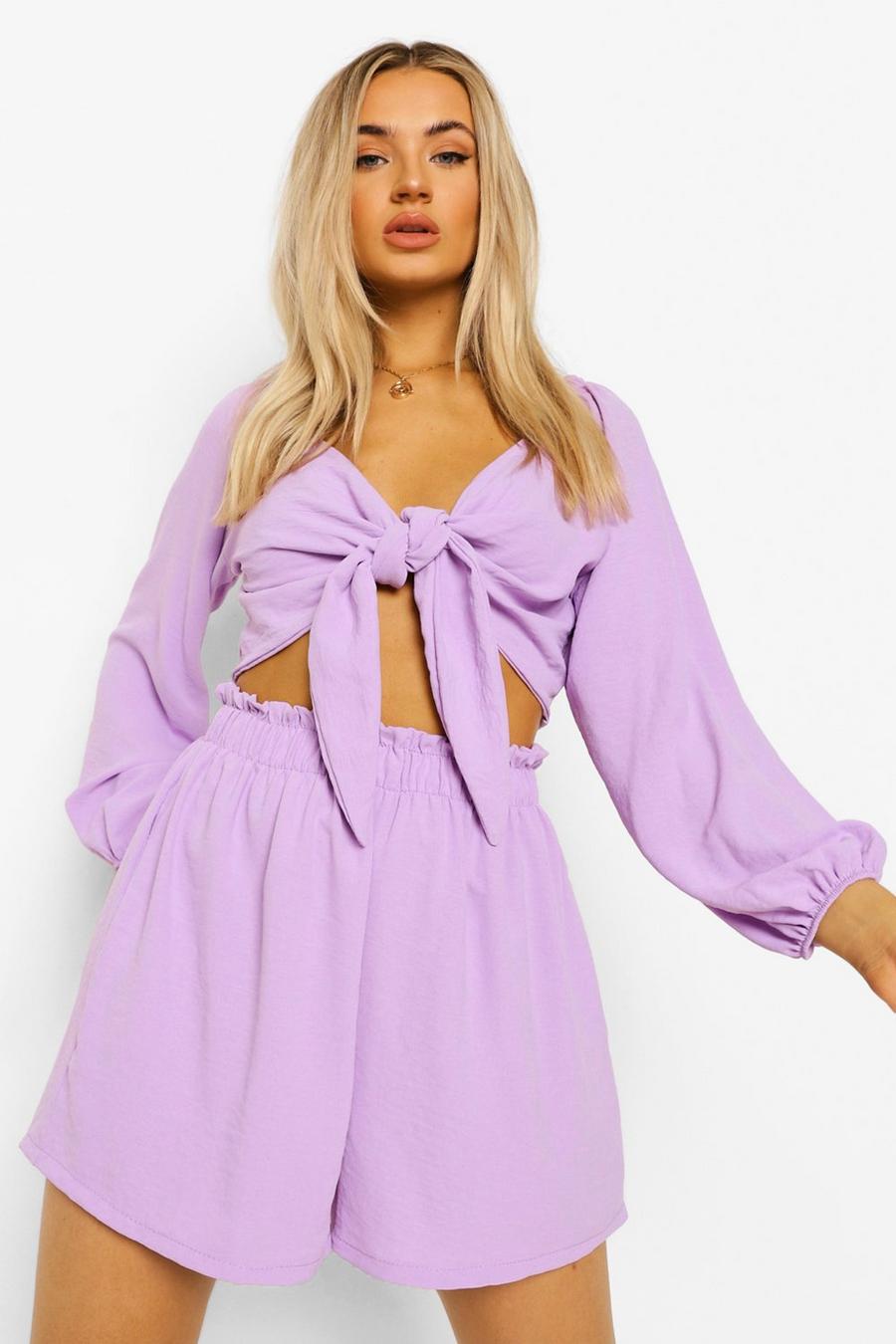 Lilac morado Knot Tie Top & Relaxed Fit Shorts