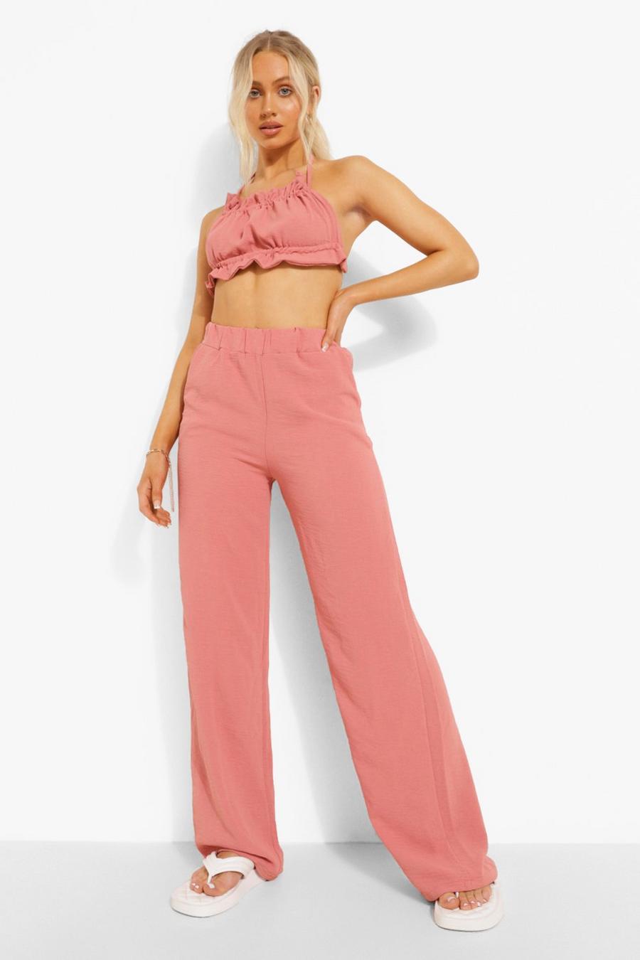 Peach Ruched Crop & Wide Leg Pants image number 1