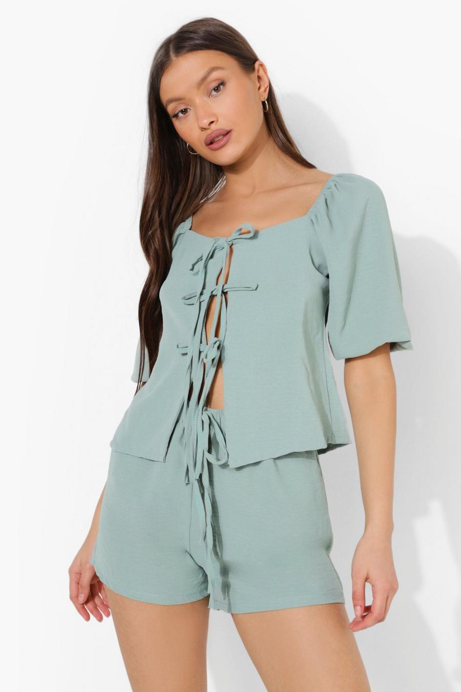 Mint Tie Front Puff Sleeve Top & Shorts image number 1